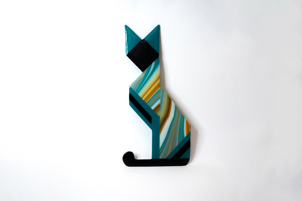 Art Deco Teal Cream Orange Stripe Cat